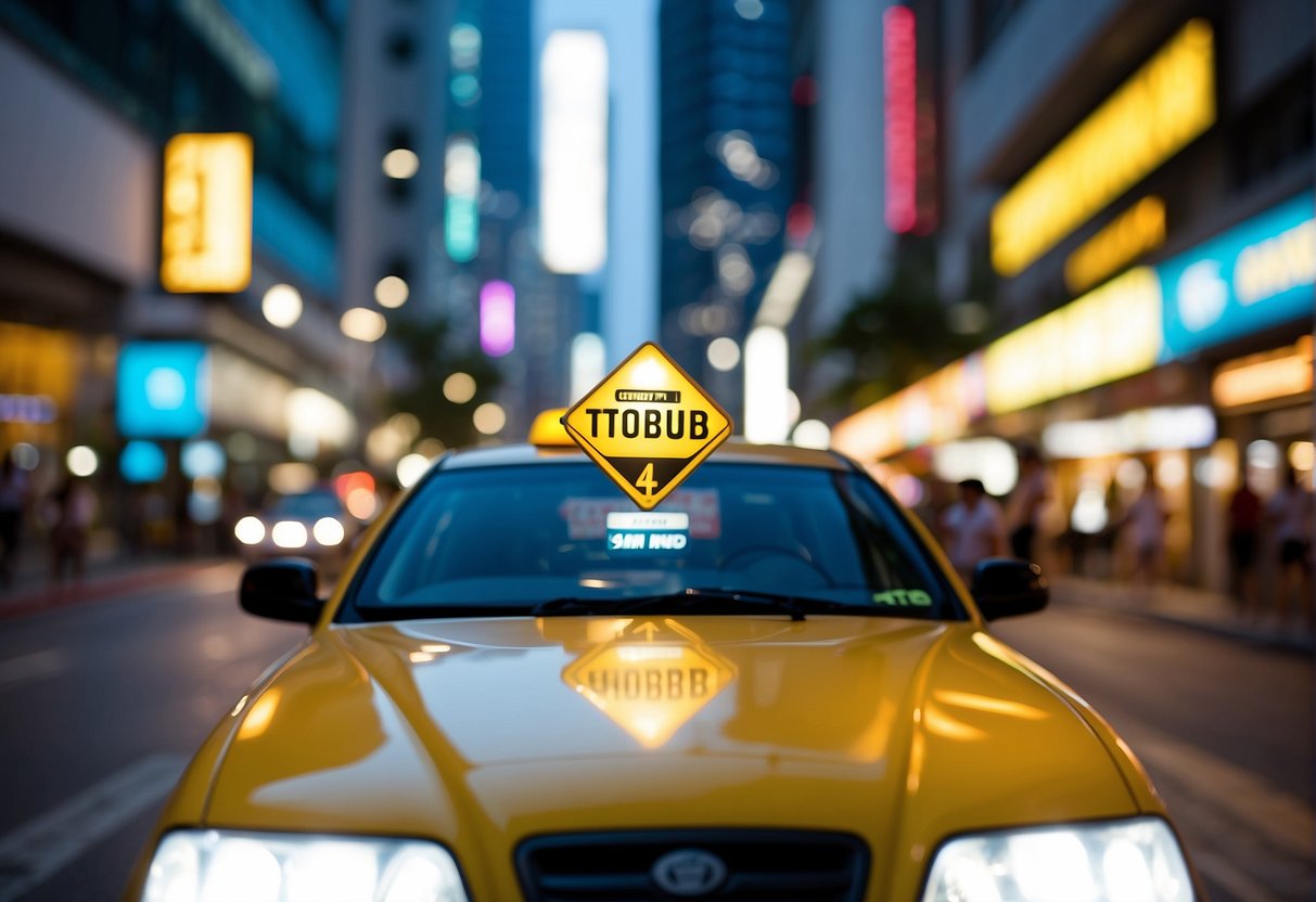 A taxi with "Current Taxi Promotions" signage drives through a bustling Singapore street. Bright lights and colorful advertisements fill the urban backdrop