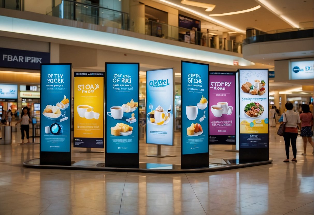 A bright and colorful display of Air Optix promotions in a busy Singapore shopping mall. The vibrant posters and eye-catching banners draw in passersby