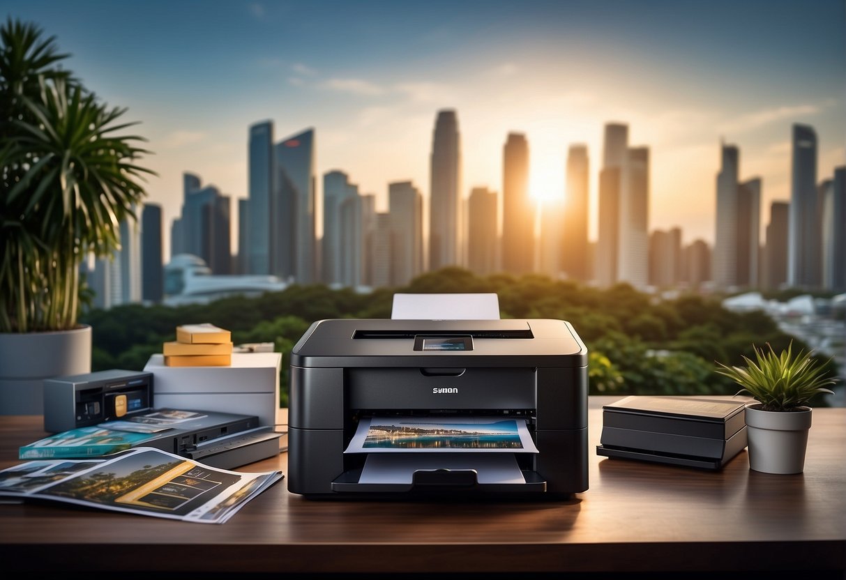 A laser printer surrounded by promotional materials, with a Singaporean backdrop