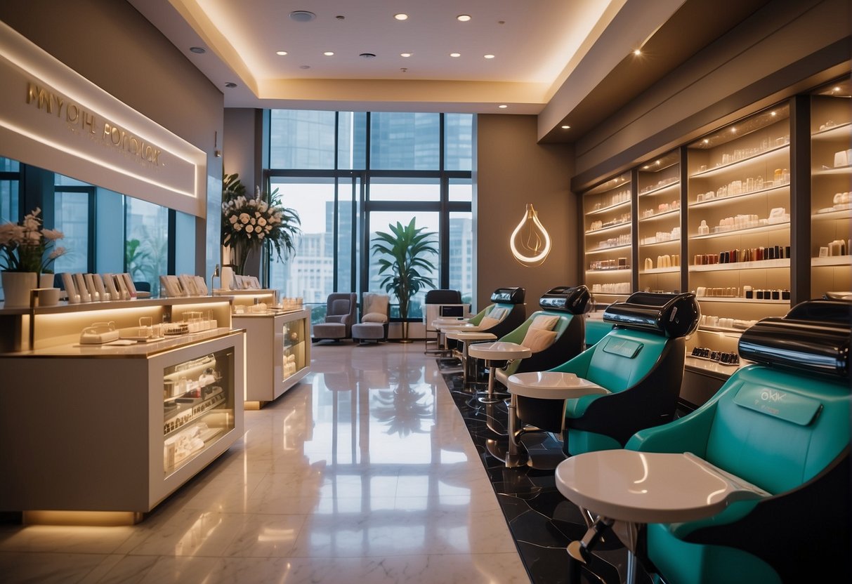 A vibrant nail salon with sleek, modern decor, displaying signs for exclusive 2024 pedicure promotions in Singapore