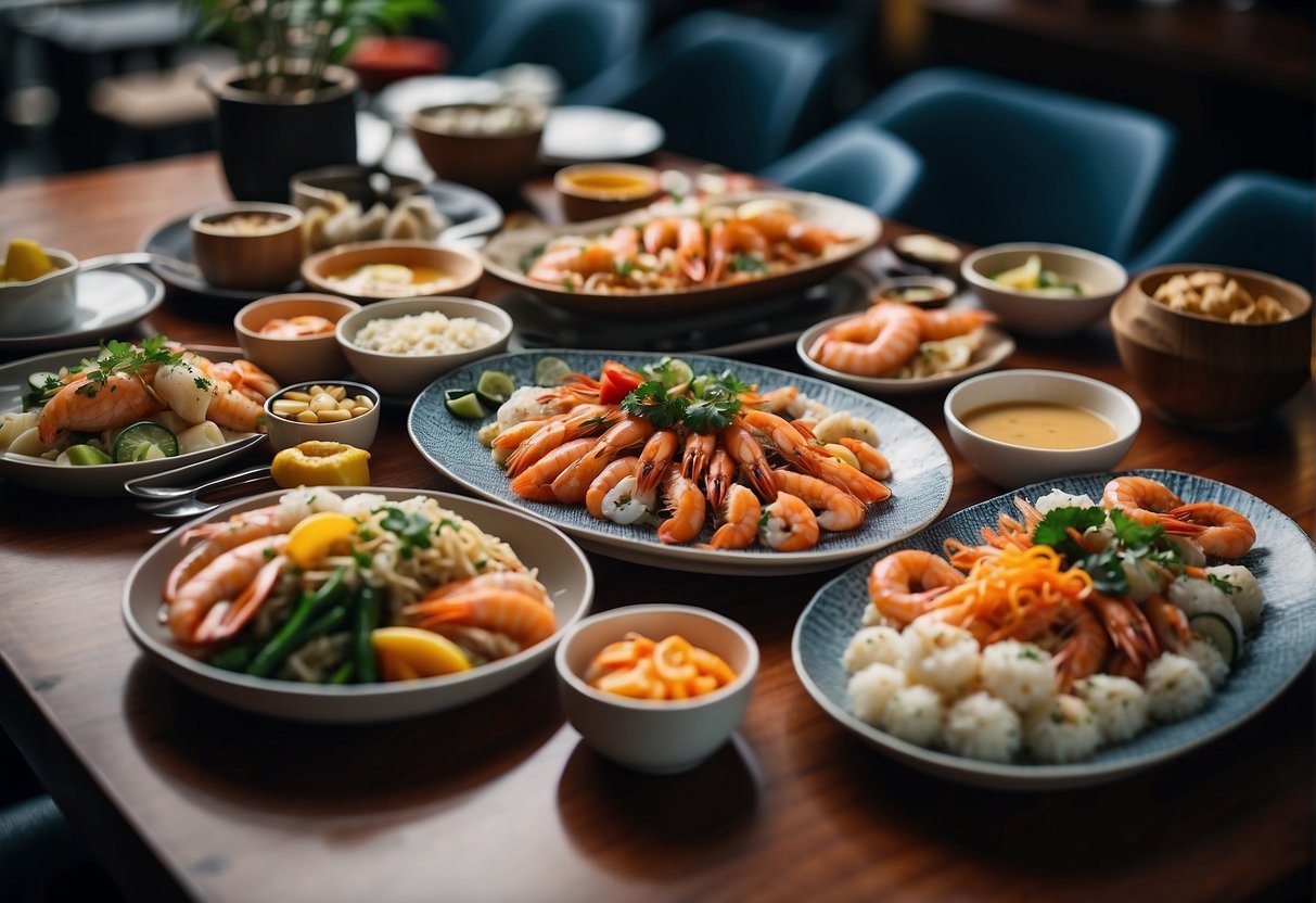 A table set with a variety of seafood dishes, surrounded by vibrant decor and signage promoting Fish and Co's menu and promotions in Singapore
