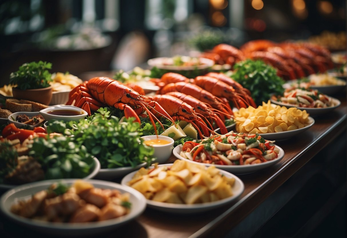 A bustling restaurant with a colorful buffet spread featuring succulent lobsters and promotional signs in Singapore