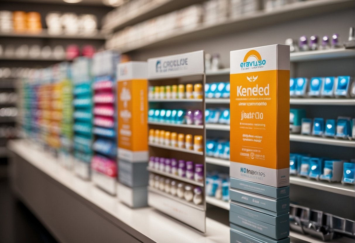 A display of colorful contact lens boxes arranged on a sleek, modern shelf with promotional signs and banners surrounding them