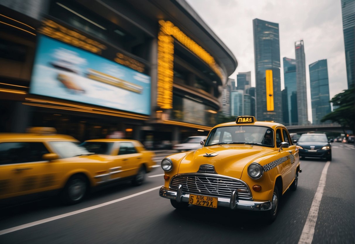 A vibrant taxi with "Maximise Your Savings" signage cruises past iconic Singapore landmarks