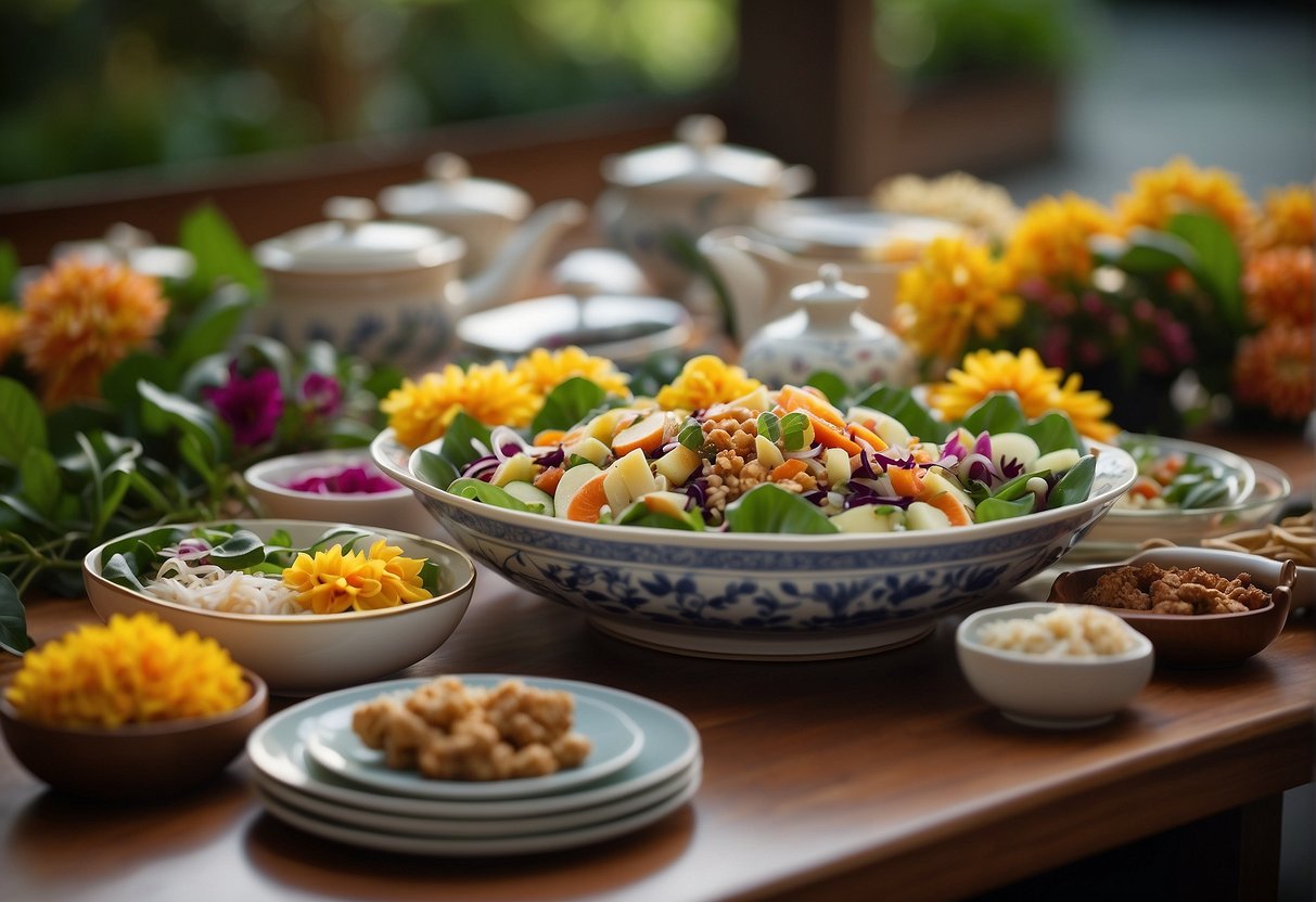 A colorful array of Lei Garden's signature dishes displayed on a table, surrounded by elegant tableware and vibrant floral decorations