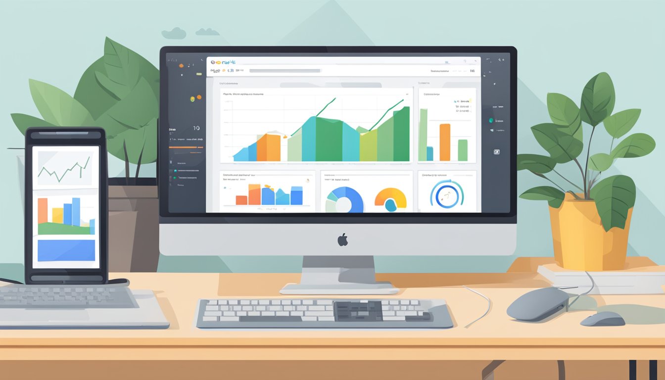 A computer screen displays the Google Search Console dashboard with various data and metrics. A mouse cursor hovers over a graph, and a keyboard sits nearby