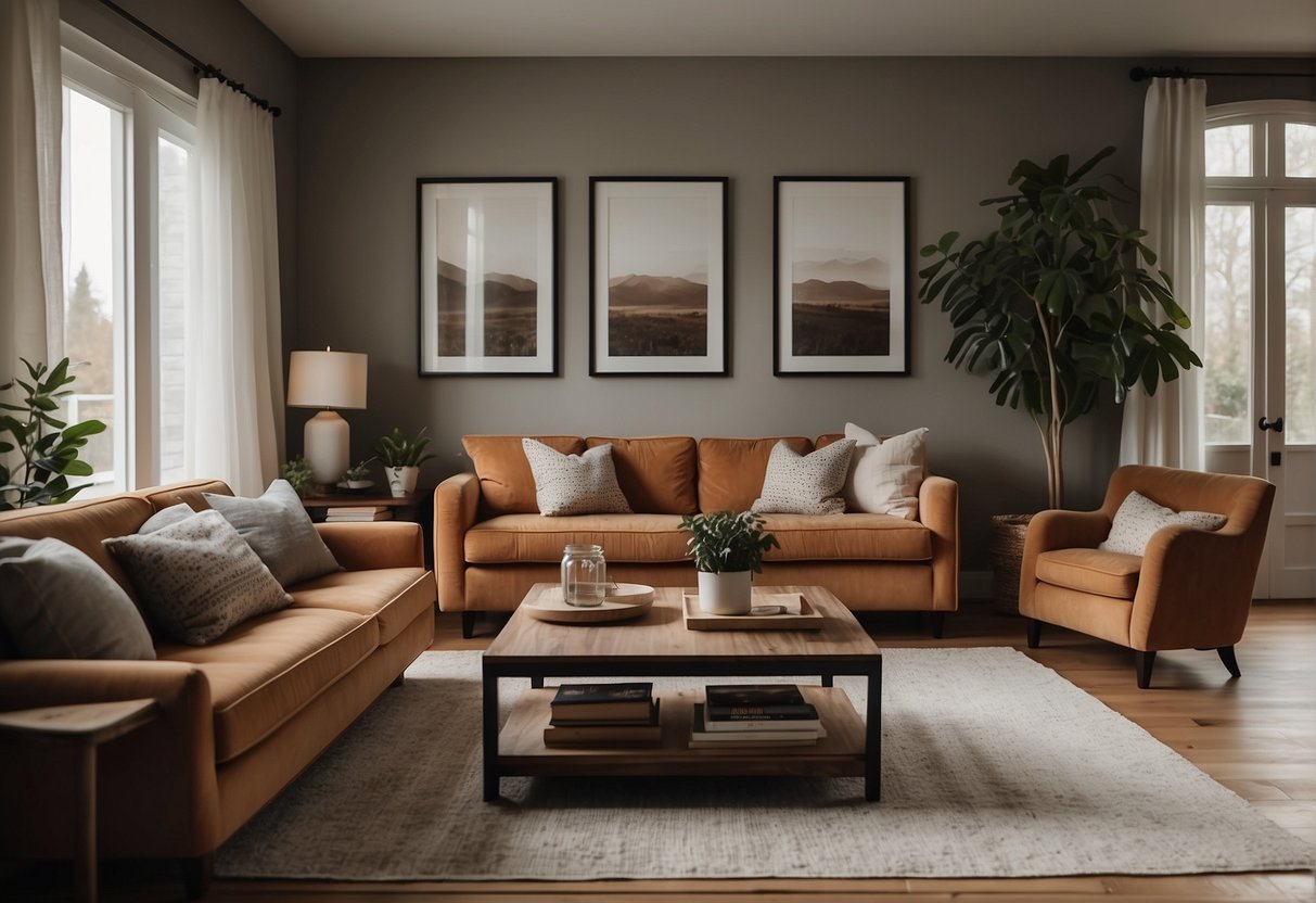 A cozy living room with soft lighting, a comfortable sofa, and a warm color palette. A family photo album sits on the coffee table, surrounded by framed pictures on the wall