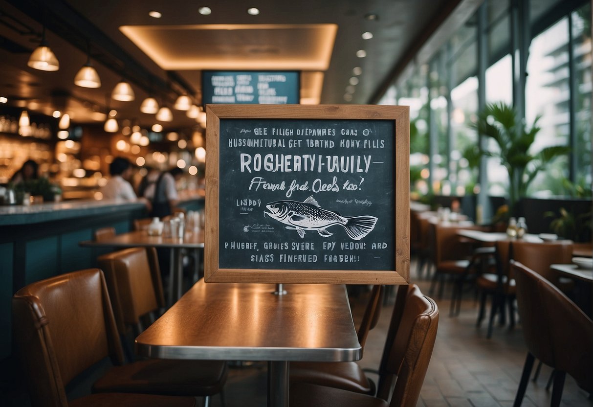 A bustling restaurant with a prominent "Frequently Asked Questions" sign and various promotional materials for Fish and Co in Singapore