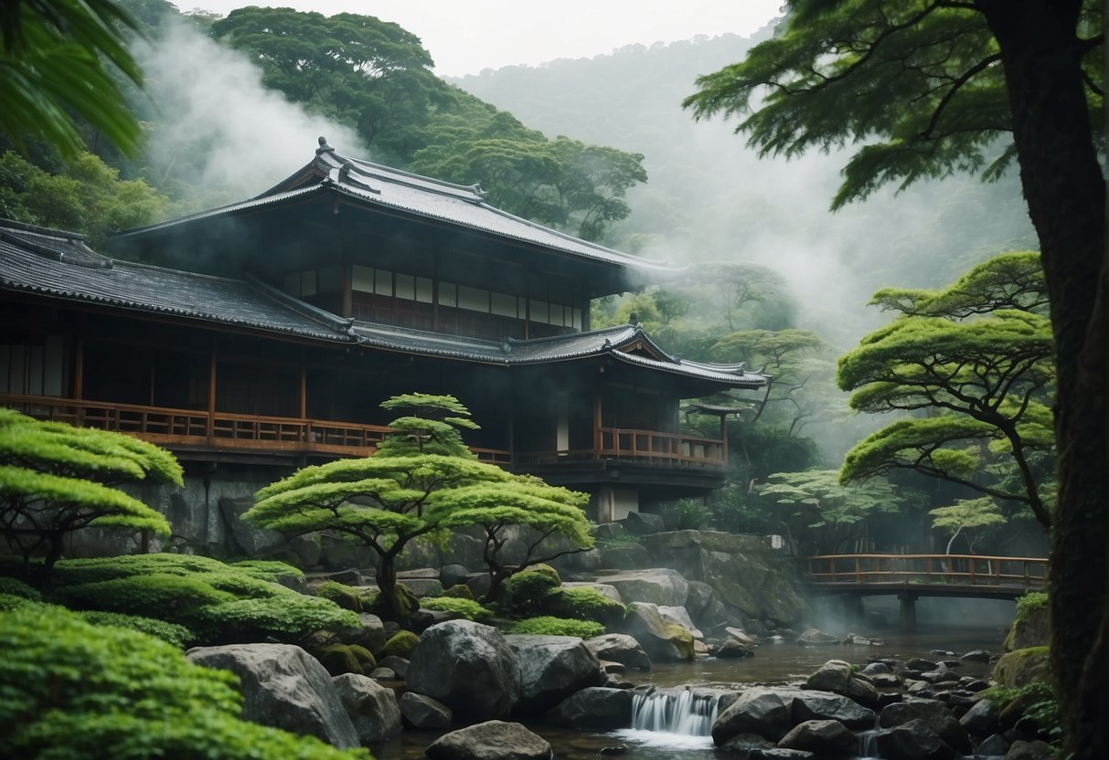 A serene onsen surrounded by lush greenery, with a traditional Japanese building in the background and steam rising from the hot spring waters
