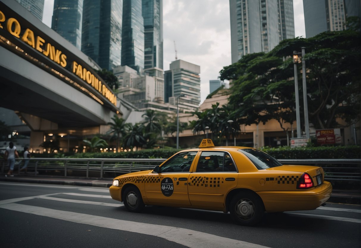 A taxi with "Frequently Asked Questions" signage drives past iconic Singapore landmarks