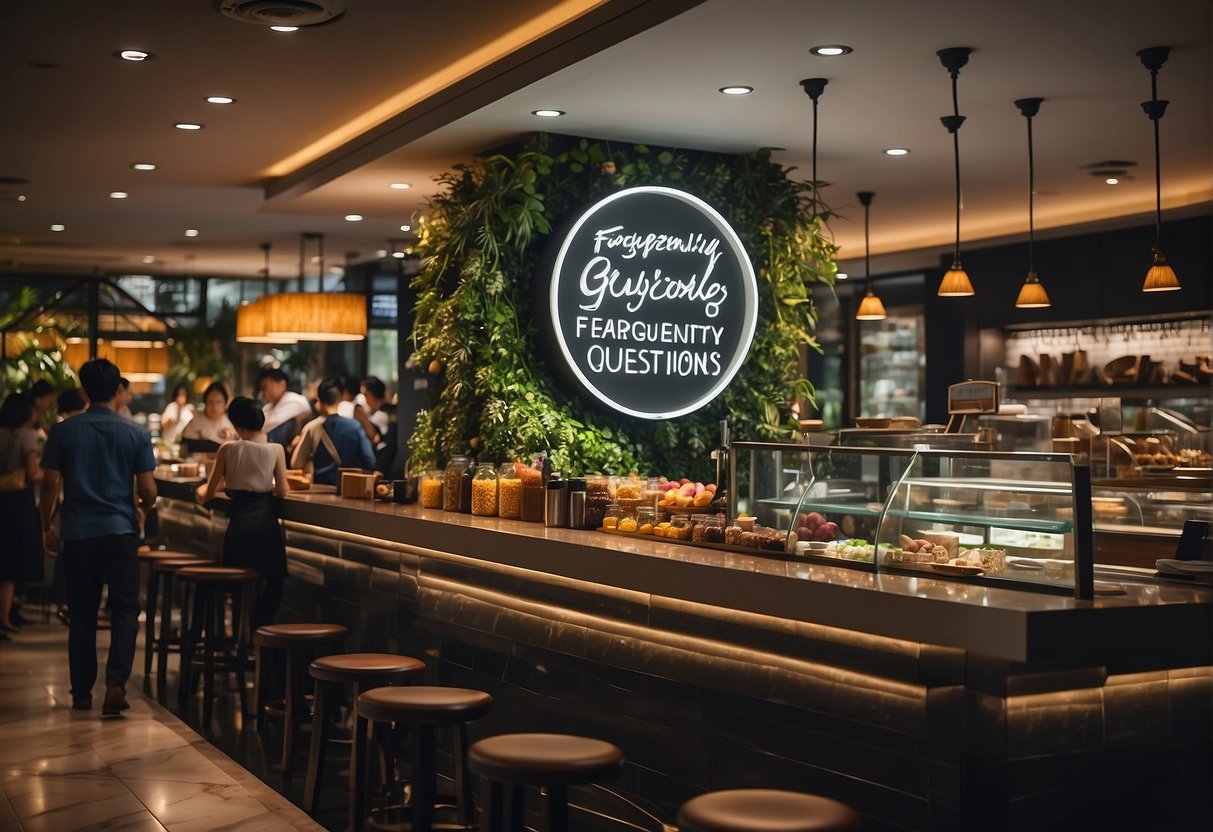 A busy restaurant with a promotional display featuring the words "Frequently Asked Questions" and the logo of Lei Garden in Singapore