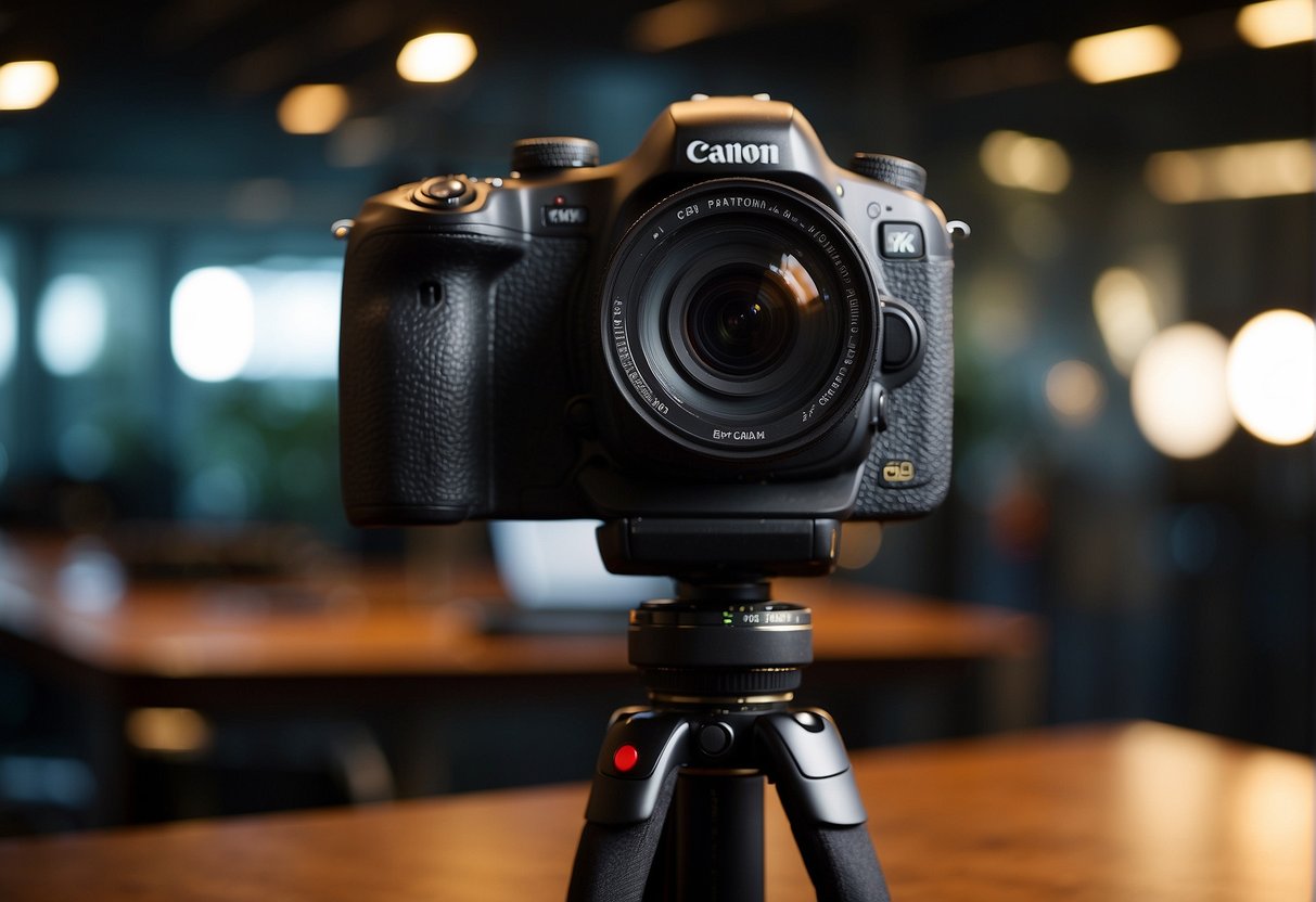 A camera on a tripod in a studio with professional lighting equipment and a backdrop for a photoshoot promotion in Singapore