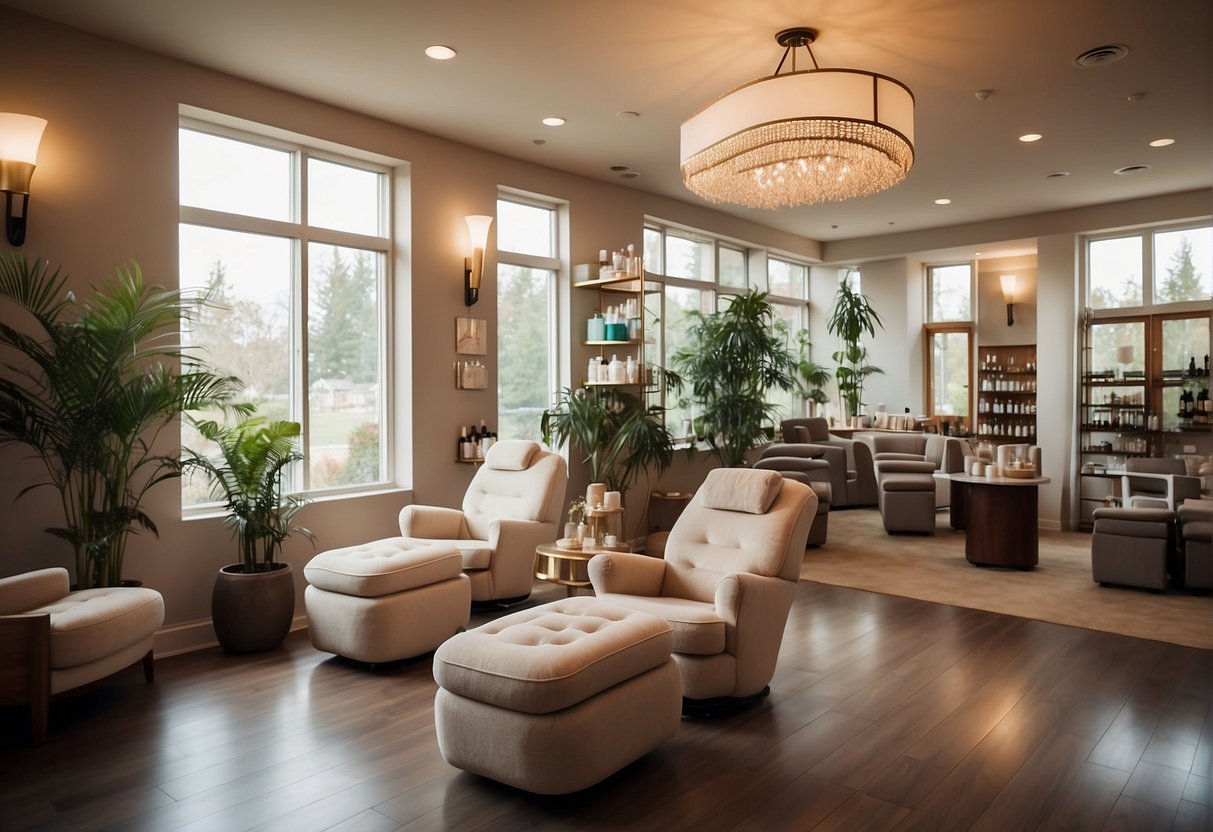 A serene spa room with plush chairs, soothing music, and shelves lined with luxurious pedicure products. A sign advertises promotions for wellness and beauty treatments