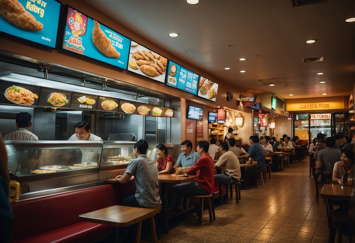 A bustling Texas Chicken restaurant in Singapore with colorful promotions displayed on the windows and a line of customers eagerly waiting to order