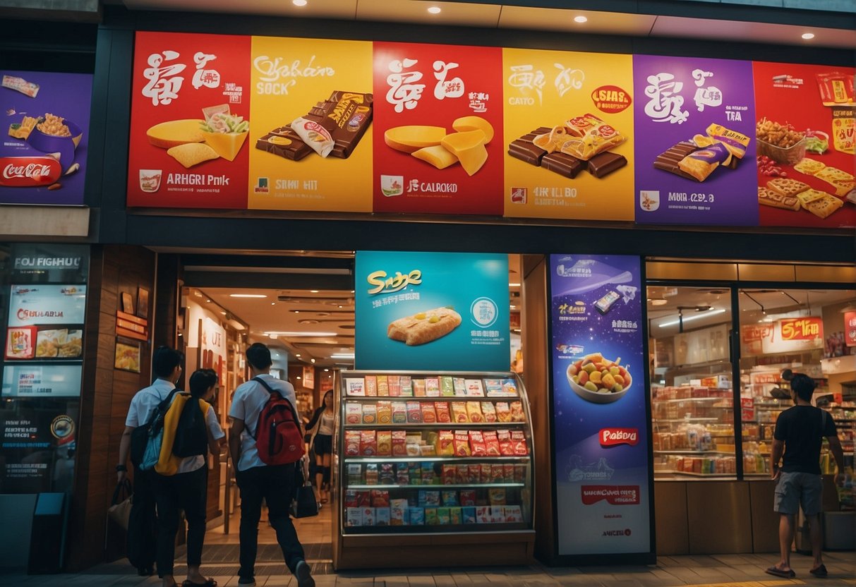 A bustling Singapore street with colorful Kit Kat promotions displayed outside shops and cafes. Bright banners and eye-catching signage draw in passersby