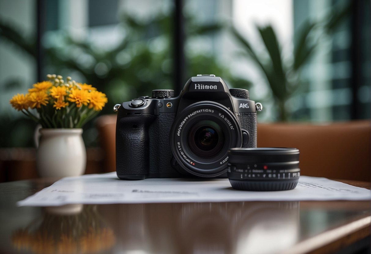 A table with promotional materials and a camera setup for a photoshoot in Singapore