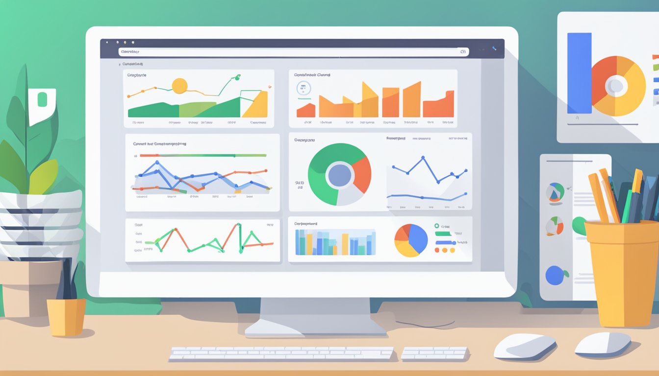 A computer screen displaying Google Search Console performance reporting with various data and graphs