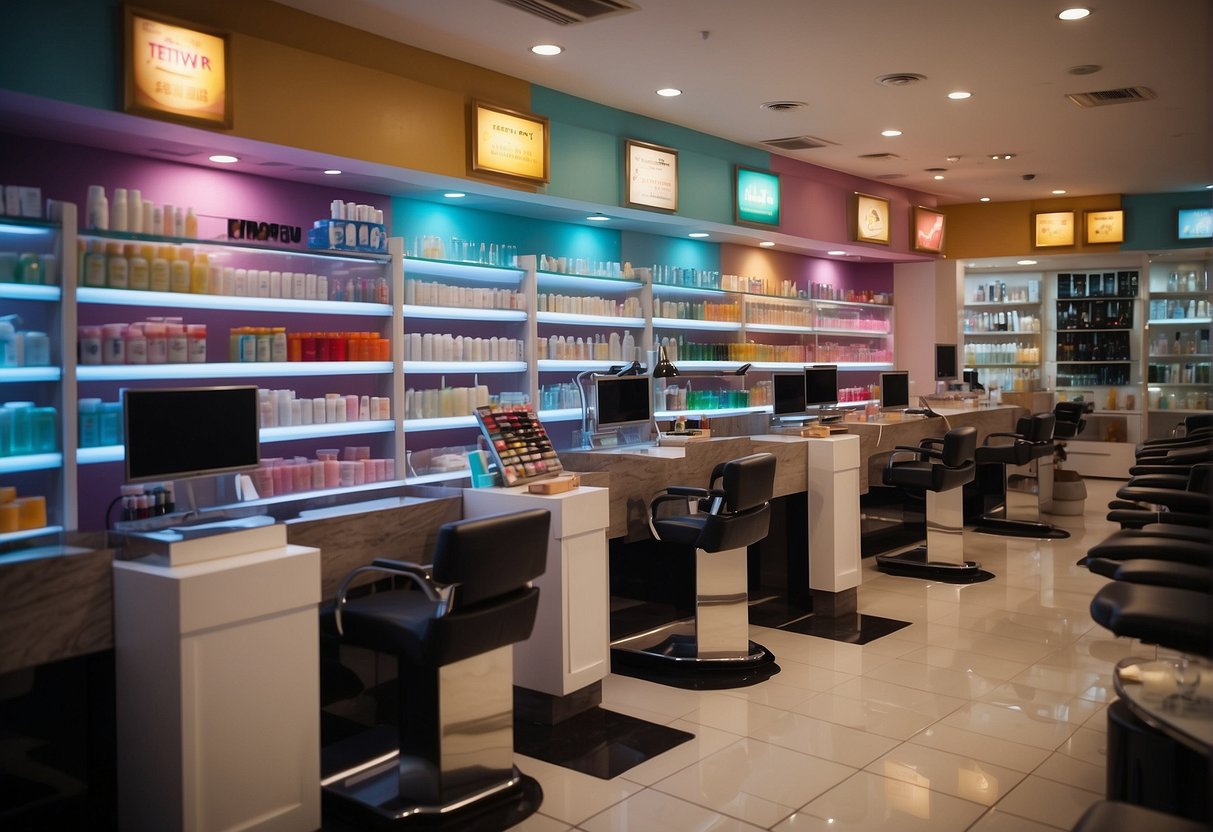 A colorful display of pedicure products and promotional signs in a busy Singapore salon