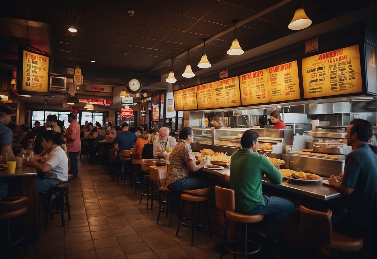 A crowded Texas Chicken restaurant with colorful promotional signs, customers enjoying discounted meals, and staff busy serving orders