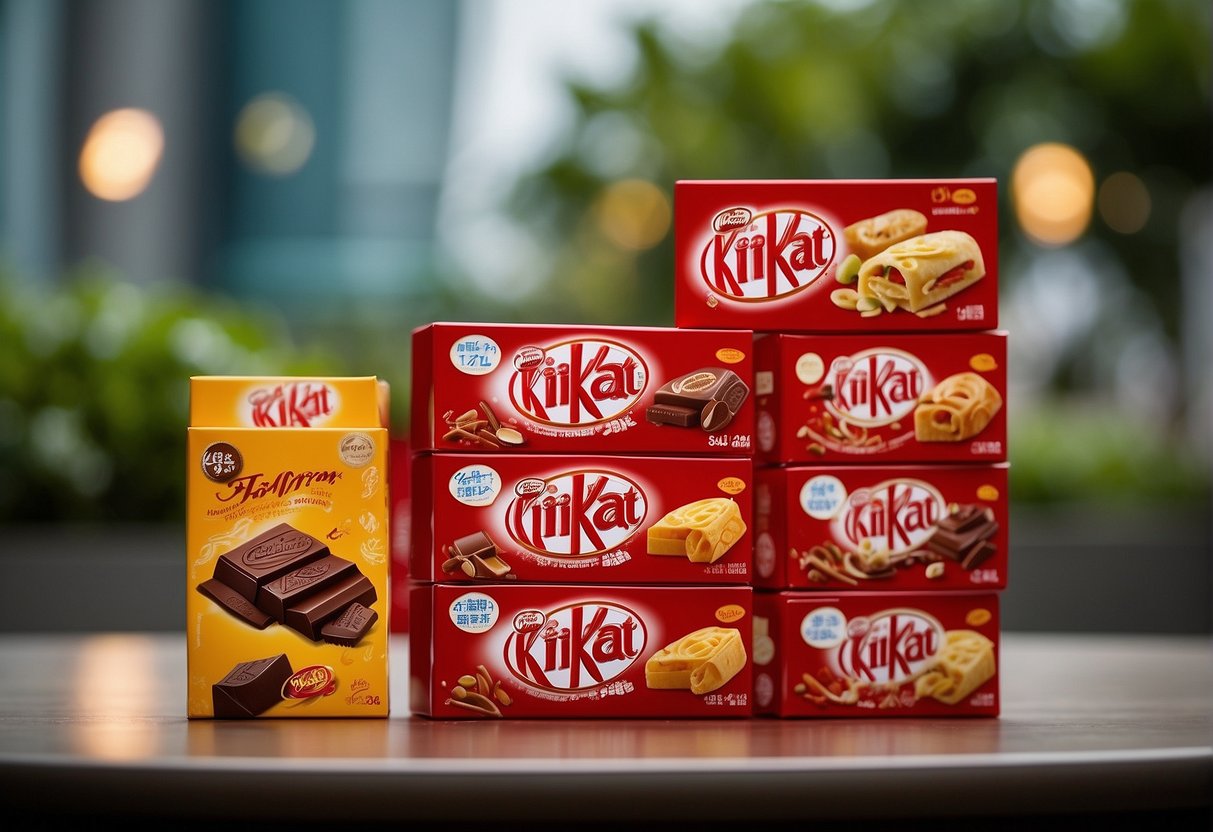 A display of Kit Kat promotions in Singapore, featuring various flavors and special offers