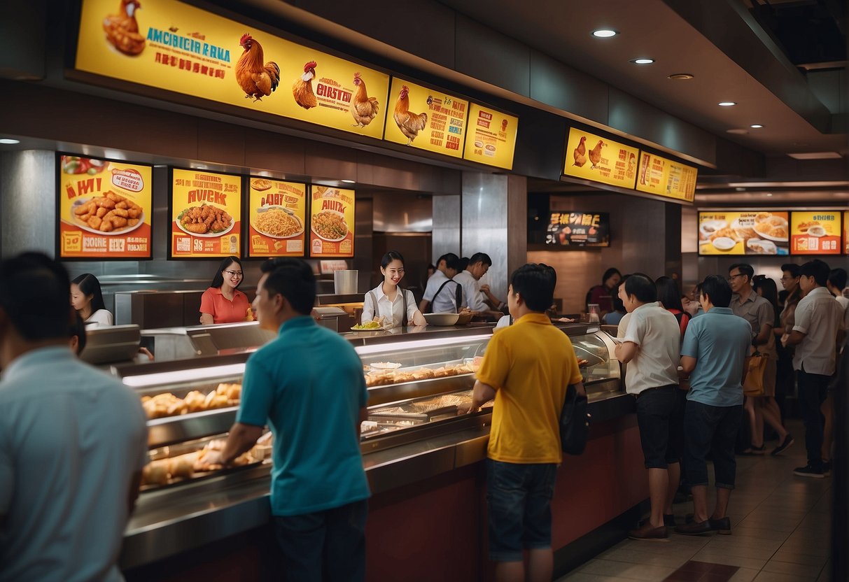 A crowded Texas Chicken restaurant in Singapore, with colorful promotional banners and customers lining up at the counter
