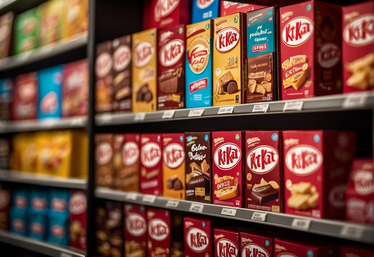 A colorful display of Kit Kat promotions in Singapore, with various flavors and sizes arranged neatly on shelves, accompanied by eye-catching signage and promotional materials