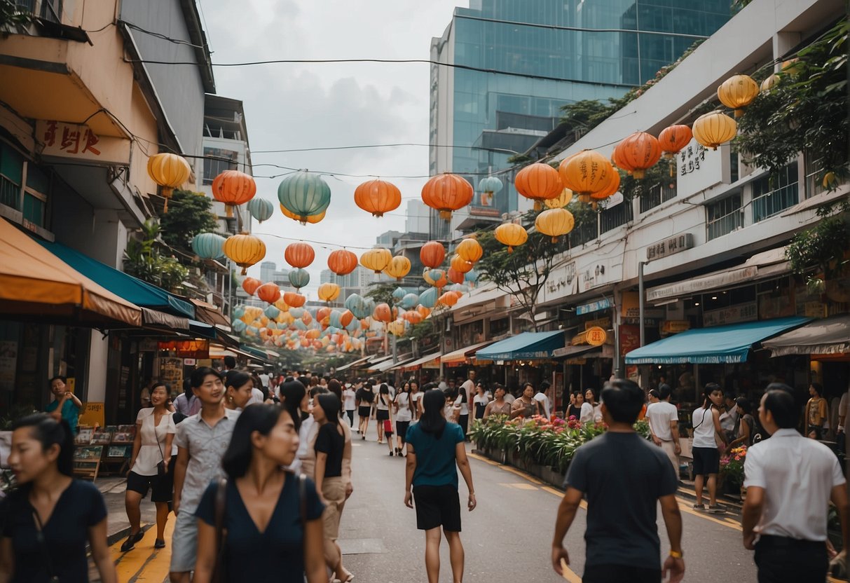 A bustling street in Singapore with bright signs, bustling crowds, and colorful storefronts