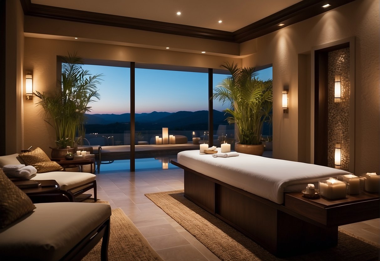 A luxurious spa setting with elegant decor, soothing lighting, and tranquil ambiance. Display promotional materials and relaxation amenities