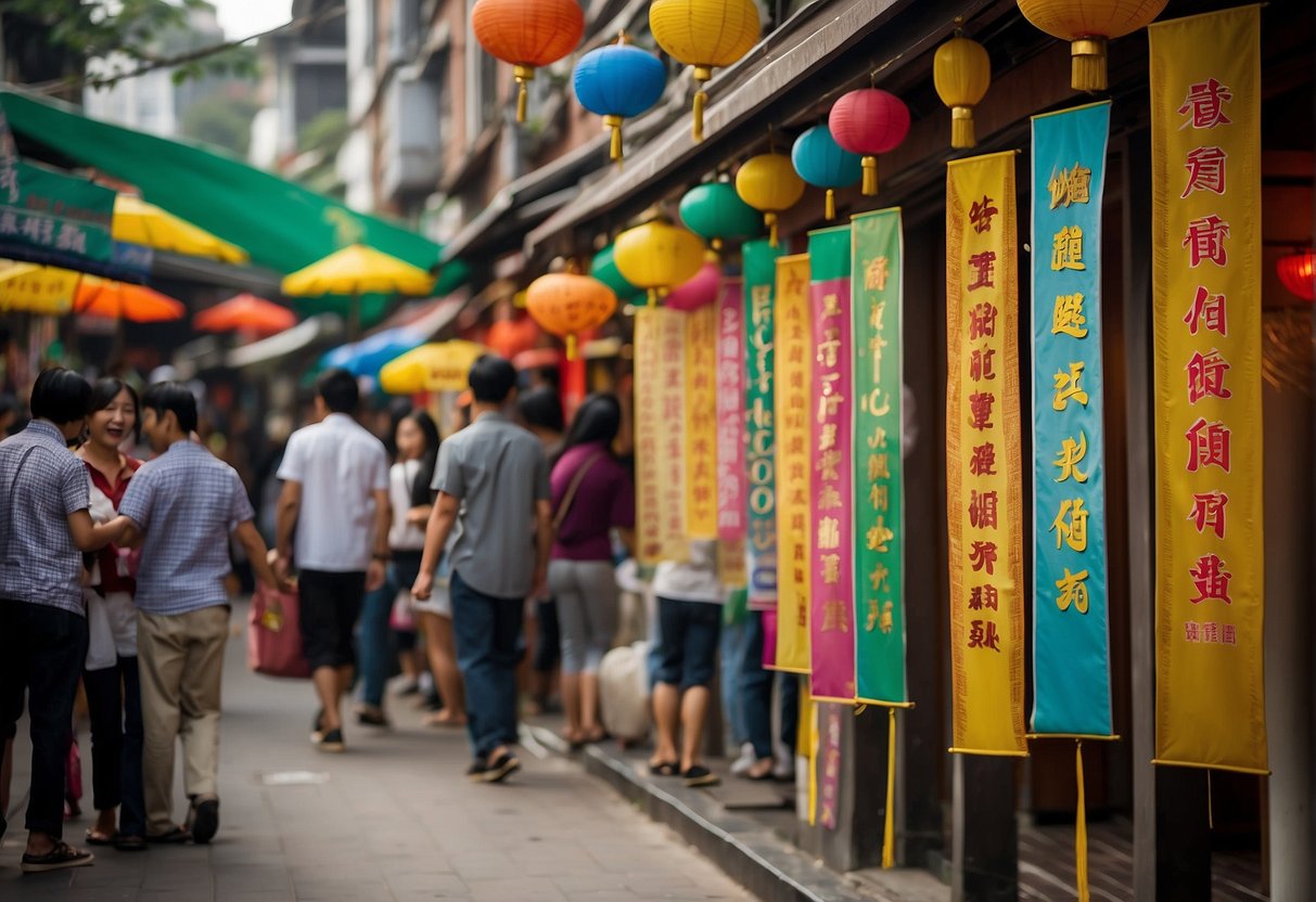 Colorful banners hang outside Tien Court Restaurant, showcasing exciting promotions. A crowd of happy diners enjoys the special offers inside