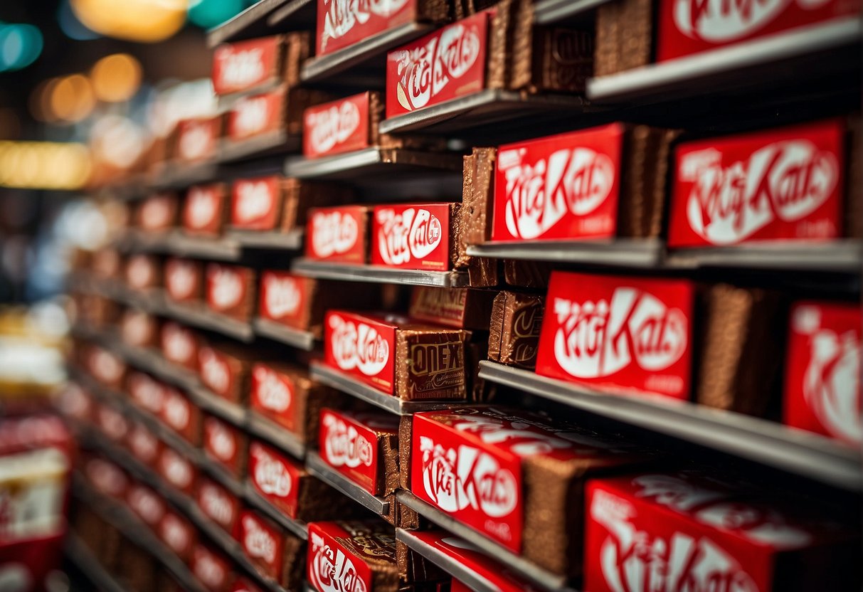 A stack of Kit Kat bars with promotional signage in a bustling Singaporean market