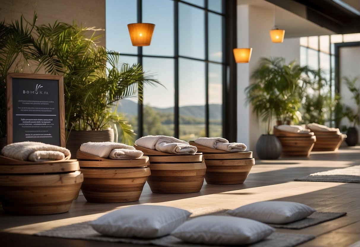 A serene spa setting with promotional banners displayed, featuring relaxing treatments and special offers