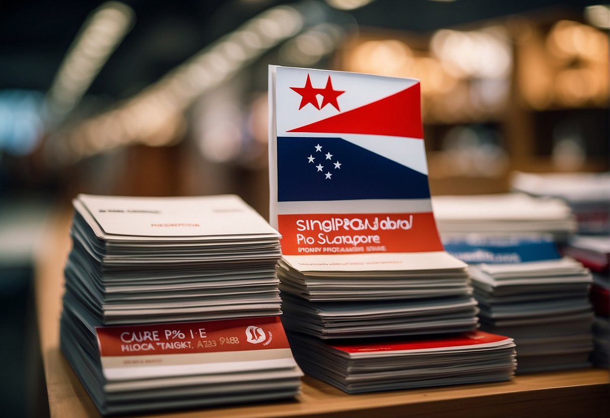 A stack of promotional materials and a Singaporean flag on display at a Crate and Barrel store in Singapore