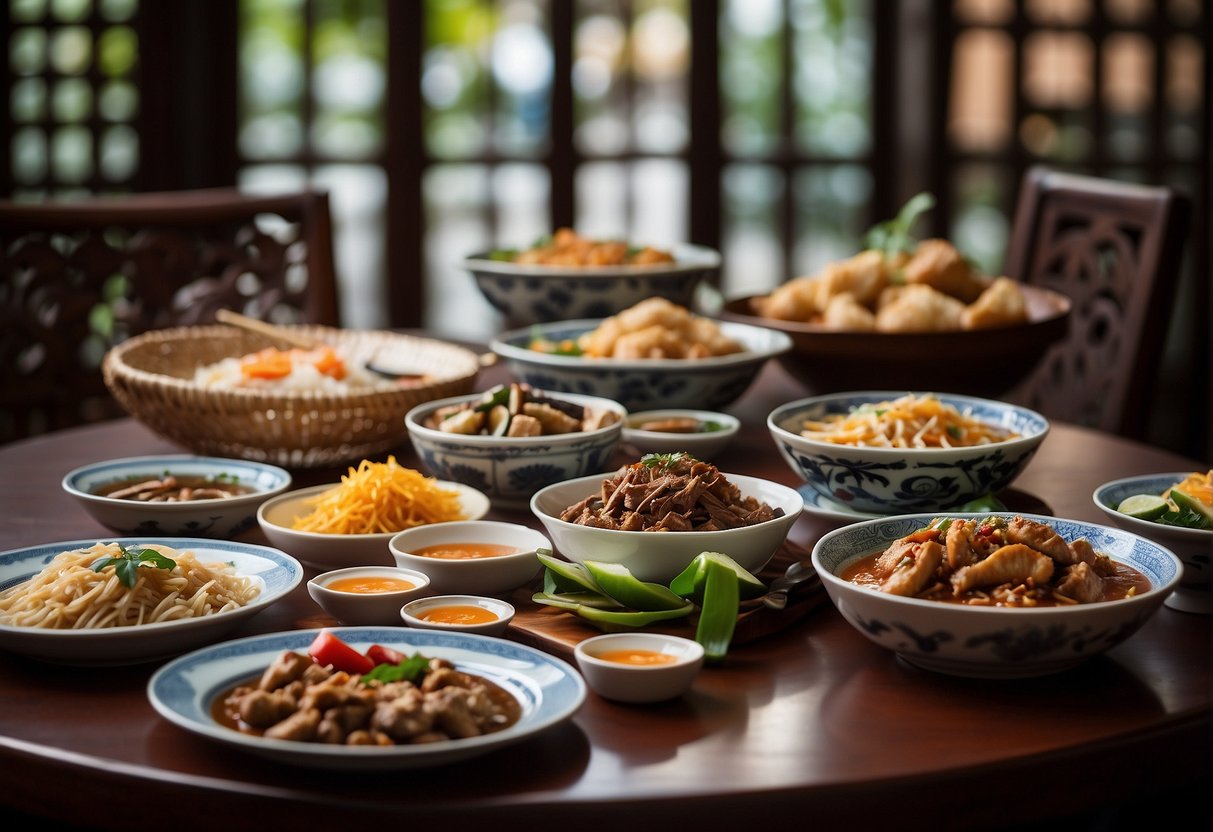 A table set with traditional Teochew dishes, surrounded by cultural decor and ambiance, showcasing the authentic Teochew cuisine experience at Tien Court promotions in Singapore