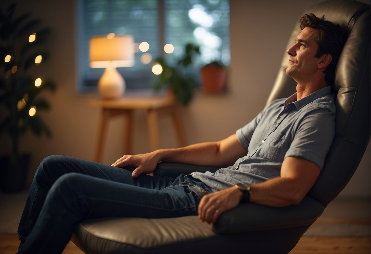 A person sitting comfortably in a chair, with their feet propped up and being gently massaged by a reflexologist. A serene and peaceful atmosphere with soft lighting and soothing background music