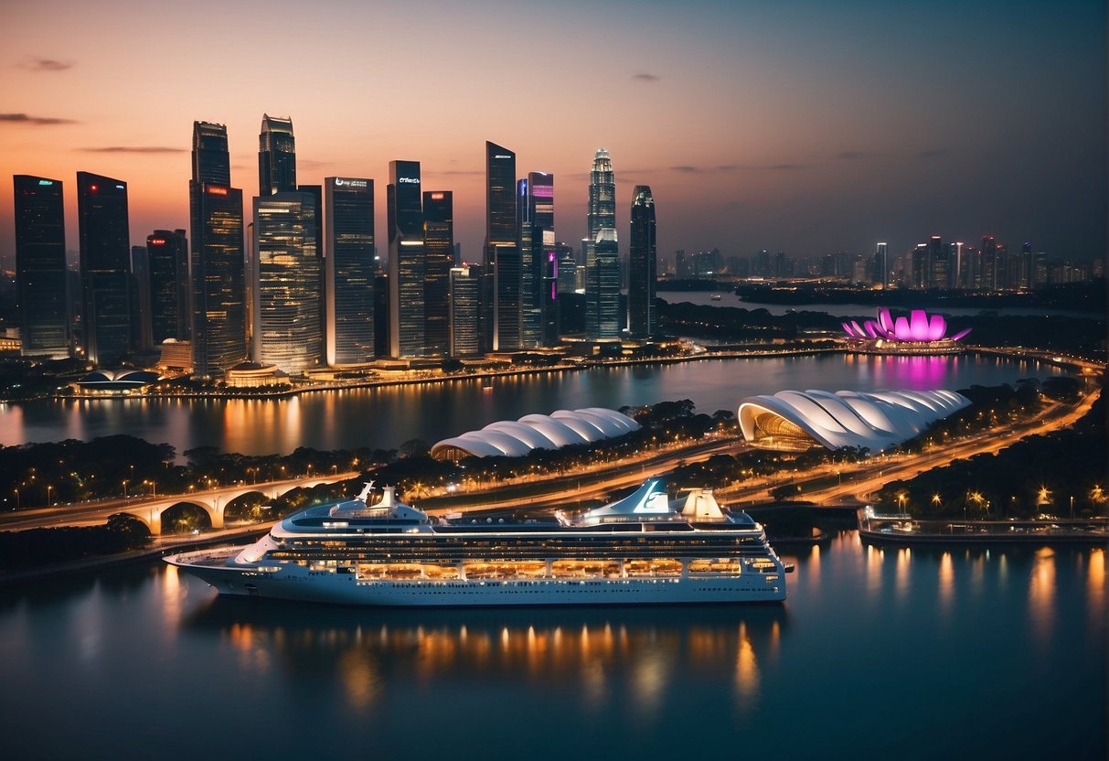 The vibrant cityscape of Singapore's skyline with a luxurious cruise ship docked at the bustling harbor. Bright lights and promotional banners for star cruises adorn the waterfront
