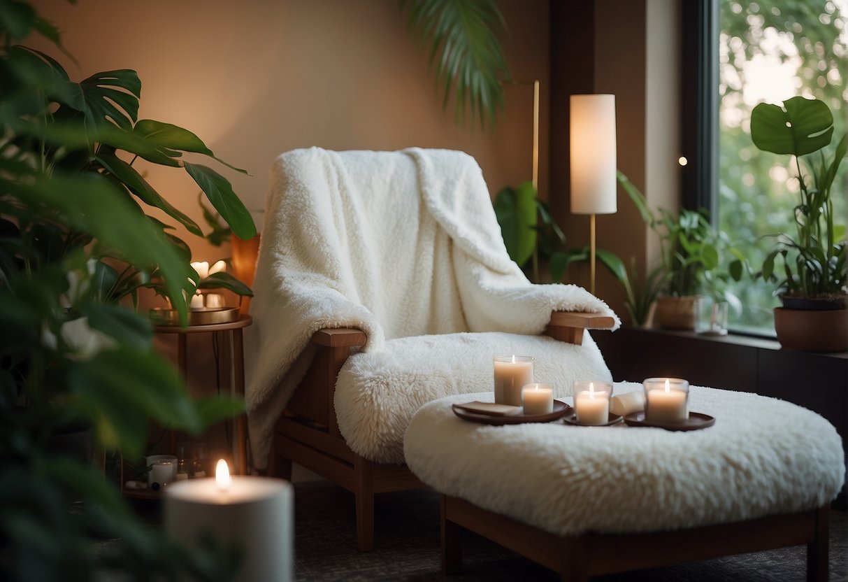 A serene spa room with soft lighting, calming music, and aromatic scents. A plush robe and slippers await on a comfortable lounge chair, surrounded by lush greenery and soothing decor
