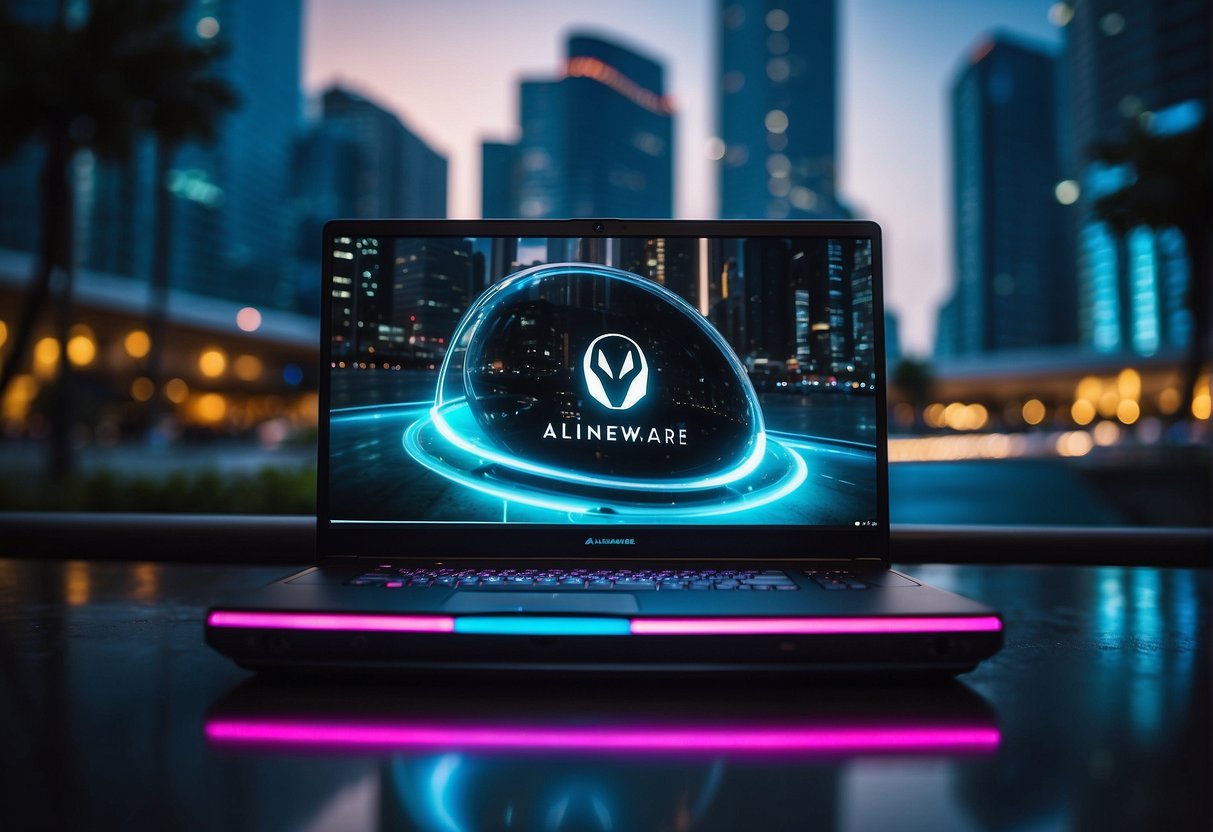 Alienware promotions in Singapore: A futuristic cityscape with neon lights, sleek technology displays, and a large Alienware logo glowing in the center