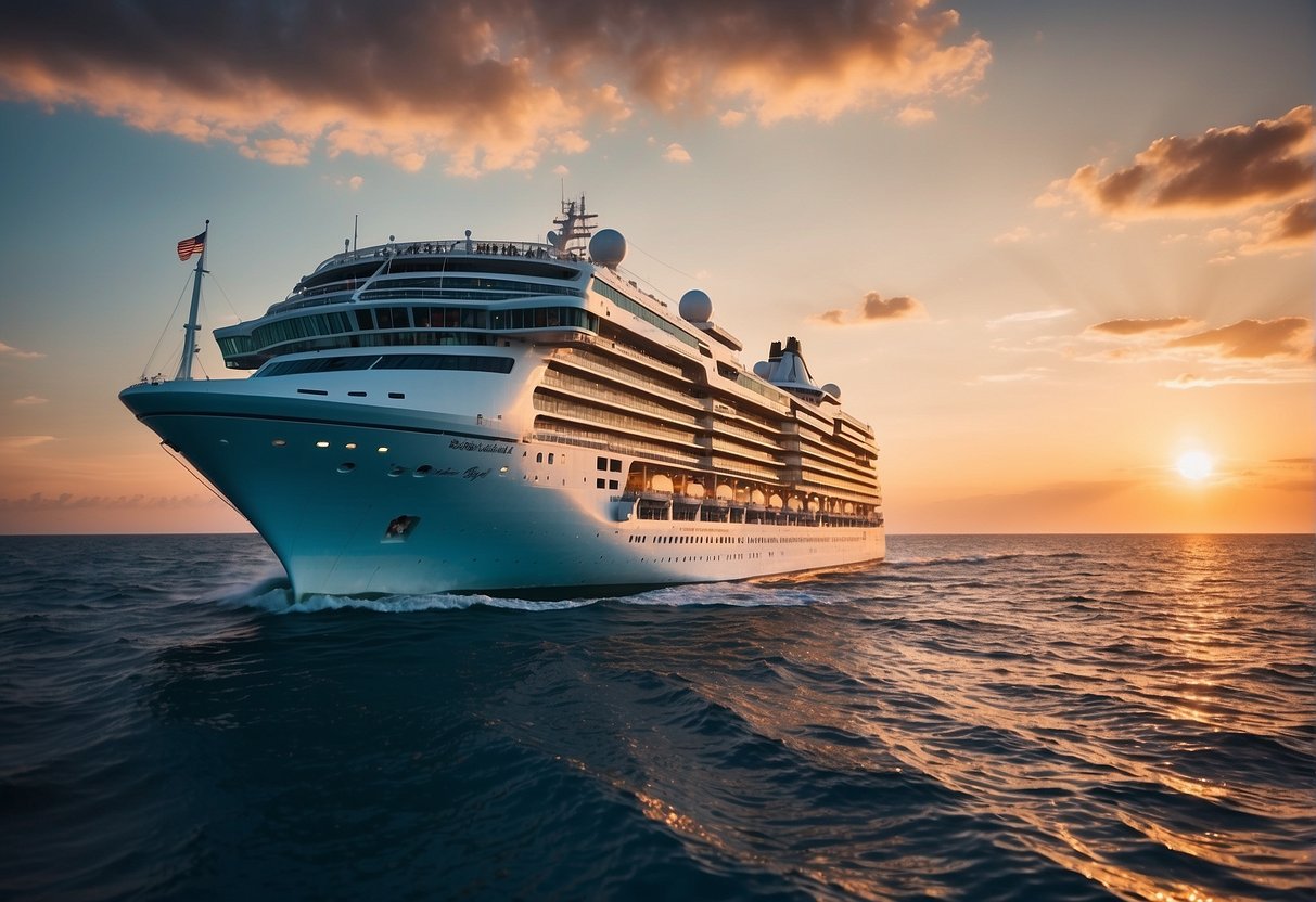 A luxurious cruise ship sailing on calm, crystal-clear waters with a vibrant sunset in the background, showcasing the latest promotions for an exhilarating journey