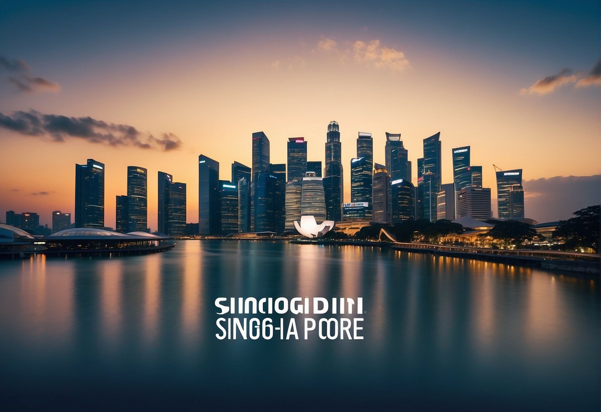 A vibrant cityscape with iconic landmarks of Singapore, featuring the Toni and Guy promotions logo prominently displayed