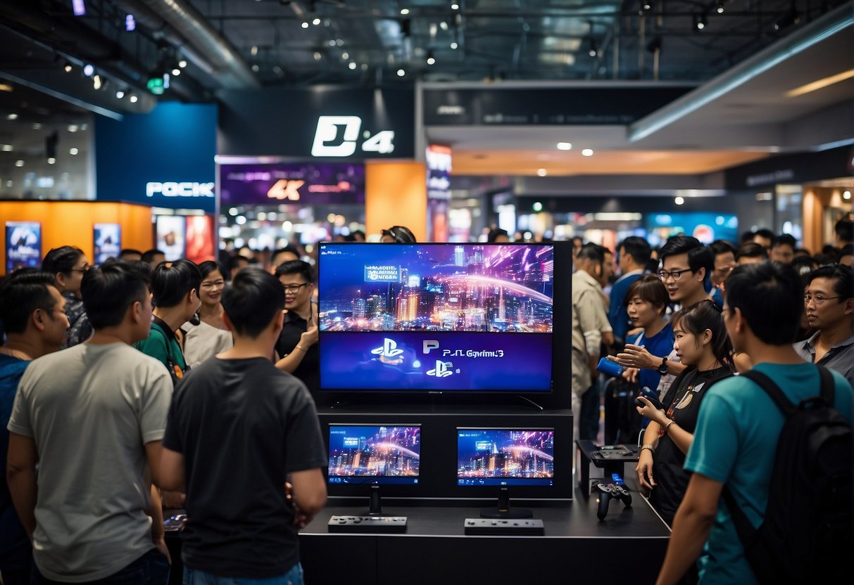 A crowd gathers around a display of PS4 promotions in Singapore, with colorful banners and enthusiastic customers exploring the latest gaming offers