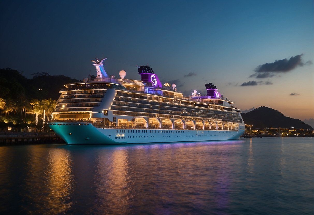 A colorful cruise ship sails past Sentosa Island, where festive decorations and lights adorn the beachfront resorts