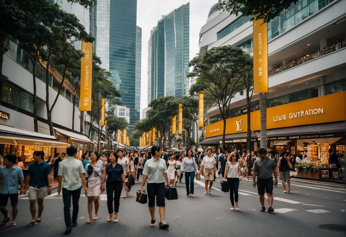 A bustling street in Singapore adorned with Louis Vuitton promotional banners and displays, surrounded by stylish and affluent shoppers