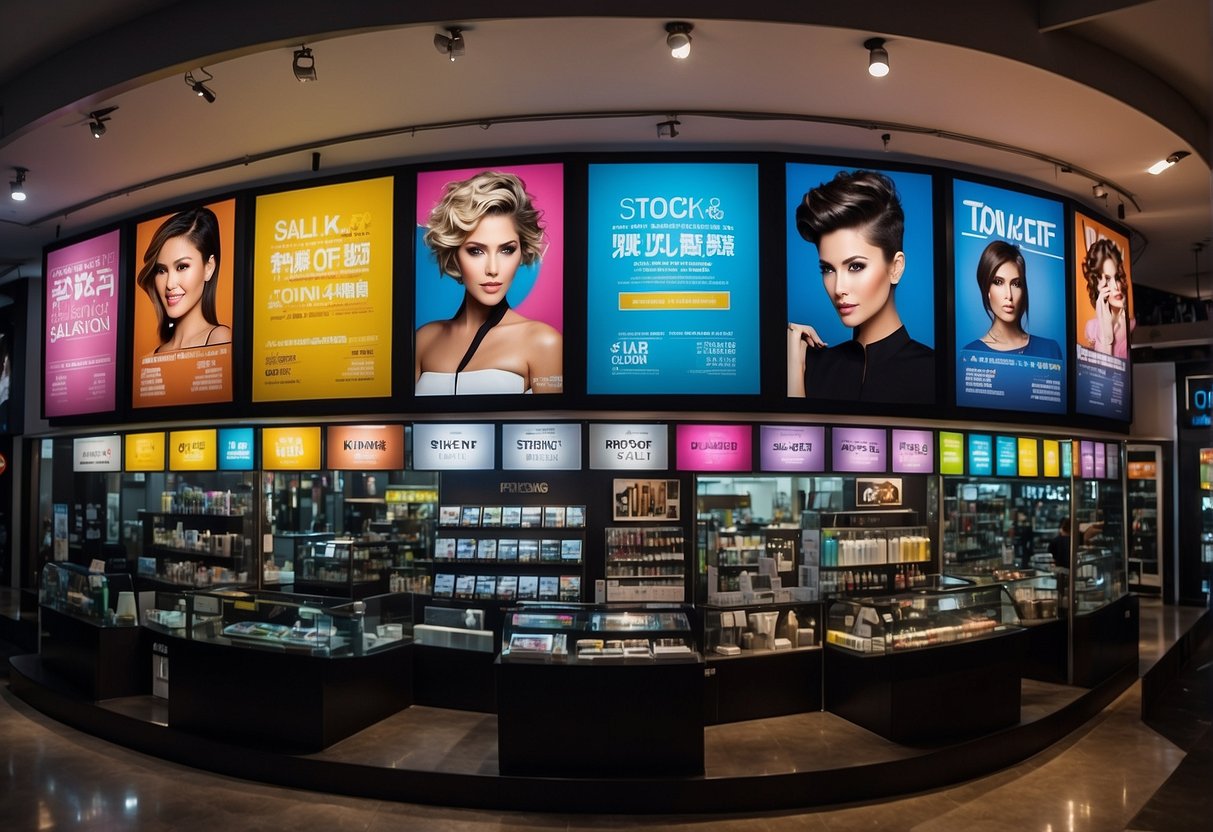 A colorful display of promotional posters and banners at Toni&Guy salon in Singapore. Bright lights illuminate the various offers and discounts