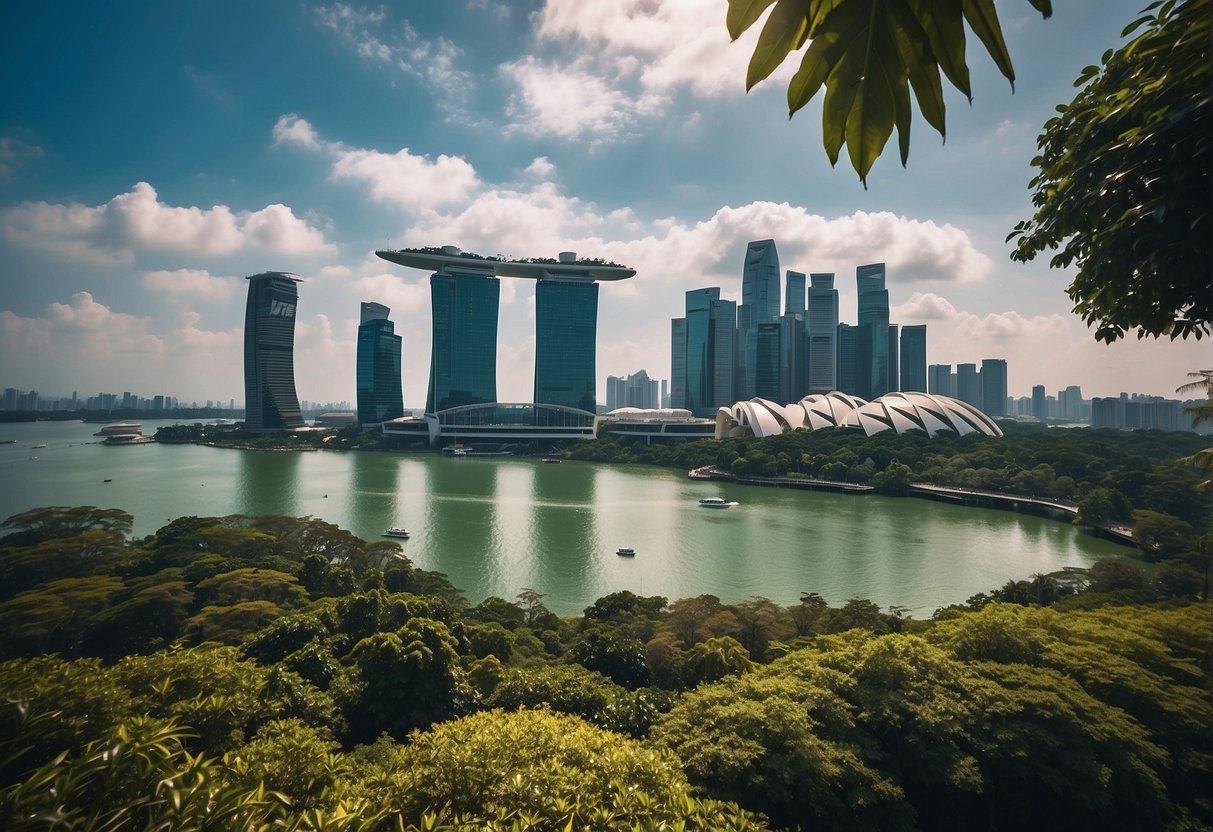 A vibrant cityscape of Singapore with iconic landmarks, accompanied by lush greenery and beautiful beaches of Malaysia, showcasing the diverse and vibrant tourism offerings of both countries