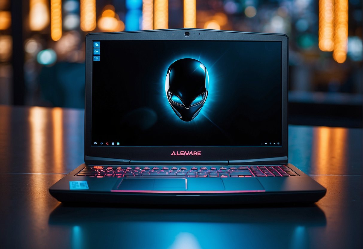 A sleek, futuristic Alienware laptop sits atop a glowing blue platform, surrounded by neon lights and sleek metallic surfaces. The Dell logo is prominently displayed, with the words "Current Dell Promotions" and "Alienware Promotions Singapore" in bold