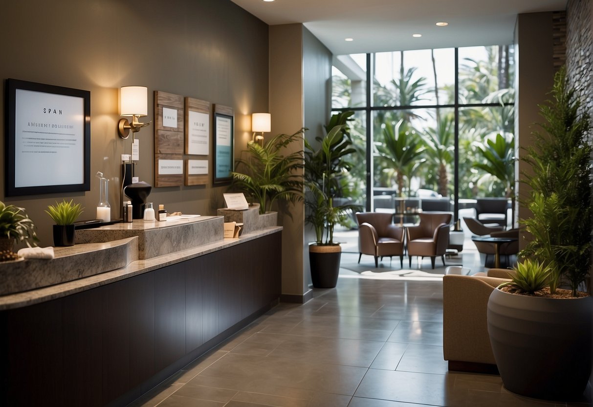 A serene spa setting with promotional signs and brochures displayed, inviting atmosphere, and a receptionist ready to assist