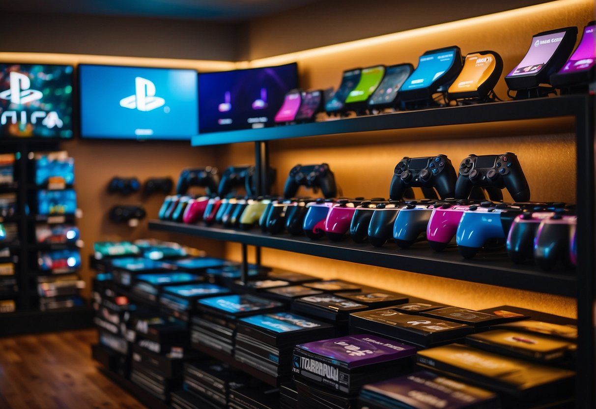 Colorful PS4 consoles and game controllers displayed with discount signs. Excited customers browsing shelves filled with popular game titles. Bright promotional banners hanging overhead