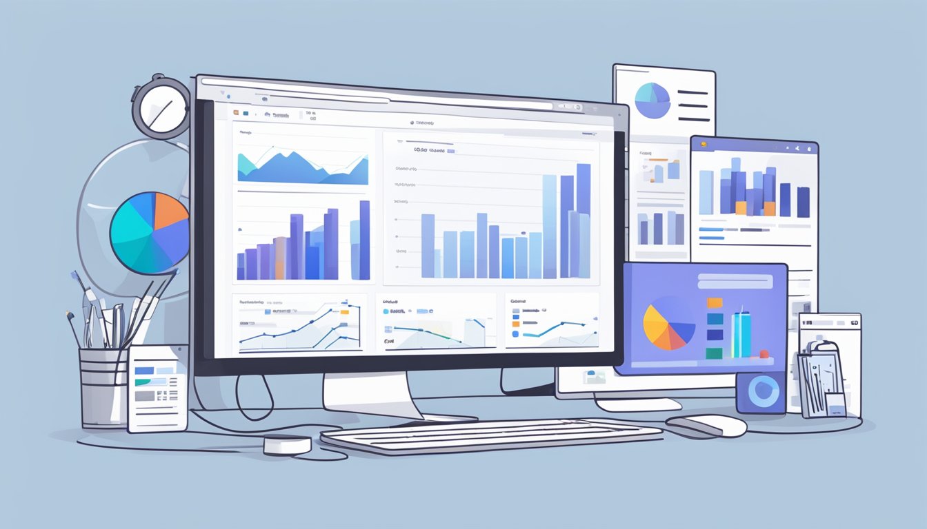 A computer screen displaying a Google search console with various data and analysis charts, surrounded by external resources and links