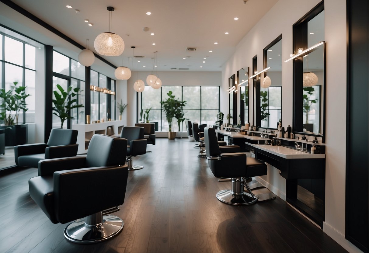 A sleek, modern salon with minimalist decor. A team of stylists work with precision and focus, showcasing their dedication to excellence