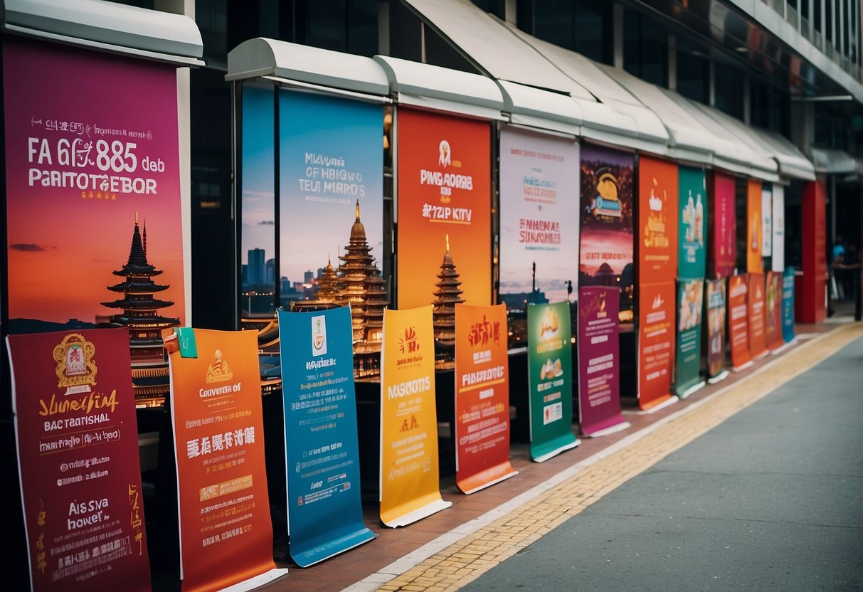 A vibrant display of Malaysia and Singapore tourism promotions in Southeast Asia. Colorful banners and posters adorn the bustling streets, enticing travelers with enticing offers and stunning destinations